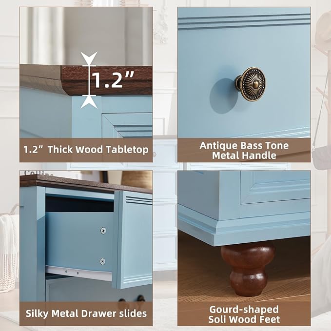 Farmhouse 5 Drawer Dresser Set of 2 for Bedroom, 35" Tall Rustic Chests of Drawers w/ 4 Solid Wood Feet, Mid Century Vintage Wooden Closet Storage Dressers Organizer for Living Room,Light Blue