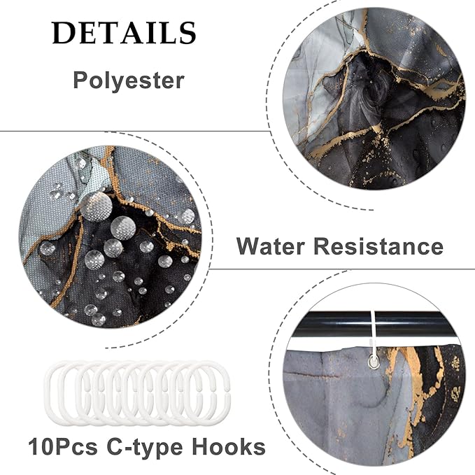 Baocicco Gray and Gold Marble Shower Curtain Modern Luxury Abstract Shower Curtains Decorative for Bathroom Bathtubs Waterproof Fabric Shower Curtain with Hooks 60x72 Inches