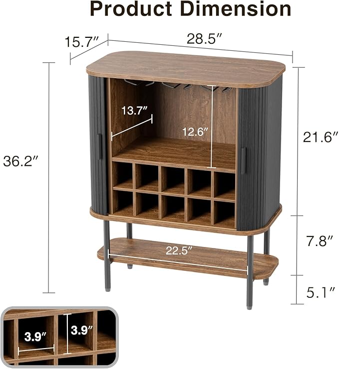 FiveWillowise Black Coffee Bar Cabinet with Storage, Fluted Wine Liquor Cabinet with Sliding Doors, Glass Holder and Wine Rack, Buffet Sideboard for Kitchen, Dining Room, Living Room