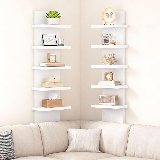 HOOBRO 5 Tier Wall Shelf Unit, 2 Pack Floating Shelves Wall Mounted, Wall Mount Vertical Shelving, Floating Storage Rack, Organizer Tall Tower Design for Livingroom, Bedroom, Kitchen, White WT18BJP201