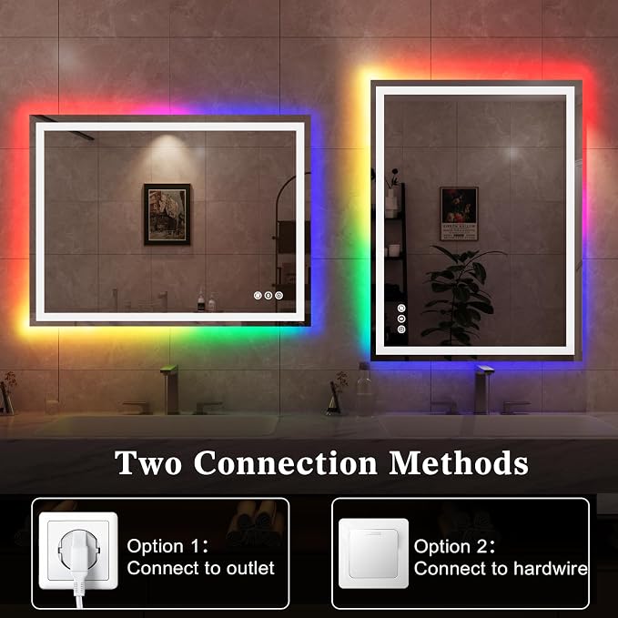 WTTY LED Bathroom Mirror 48"x36" with RGB Backlit and Front Light,Stepless Dimmable LED Mirror for Bathroom,Colored Lighted Bathroom Vanity Mirror,Anti-Fog,Memory Function,Shatter-Proof
