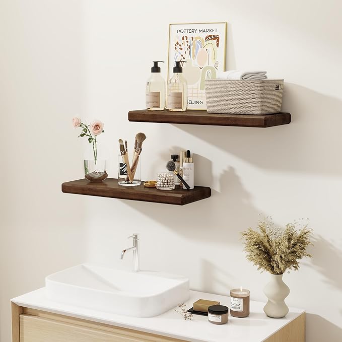 Axeman 24Inch Natural Wood Floating Shelves for Wall|Rustic Wooden Shelves for Bedroom Kitchen Bathroom|Storage Shelf with Invisible Bracket for Wall Mounted|Set of 2|Walnut Color