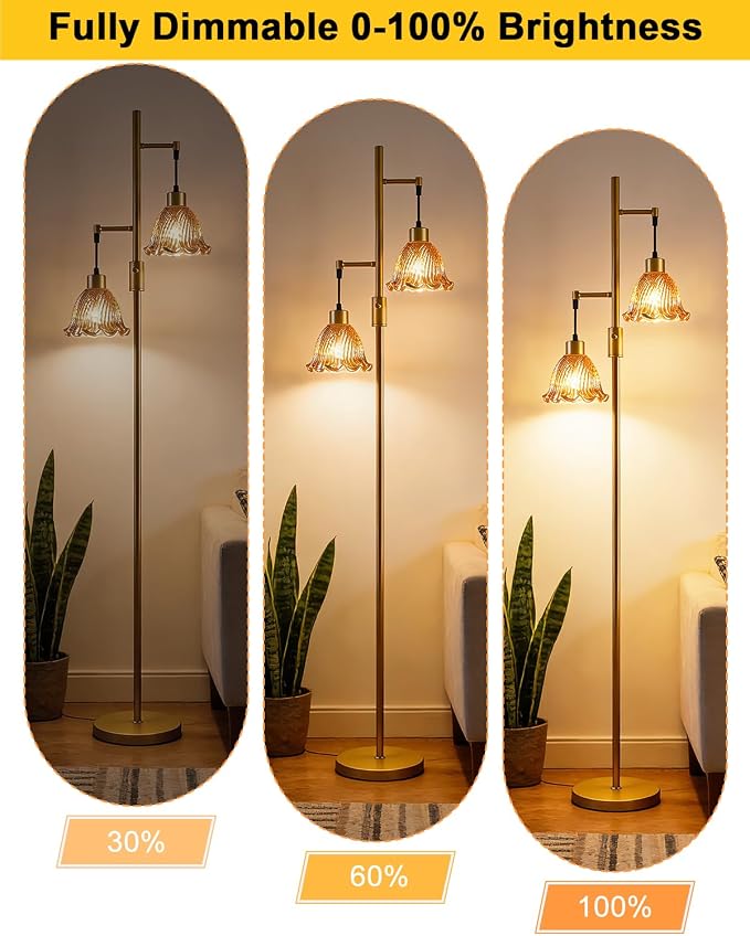 2-Light Modern Glass Floor Lamp, Gold Tall Standing Lamp with Amber Bell Glass Shade for Reading, Dimmable LED Floor Lamp with 5Lbs Heavy Base for Living Room Bedroom Home Decor, Bulb Included