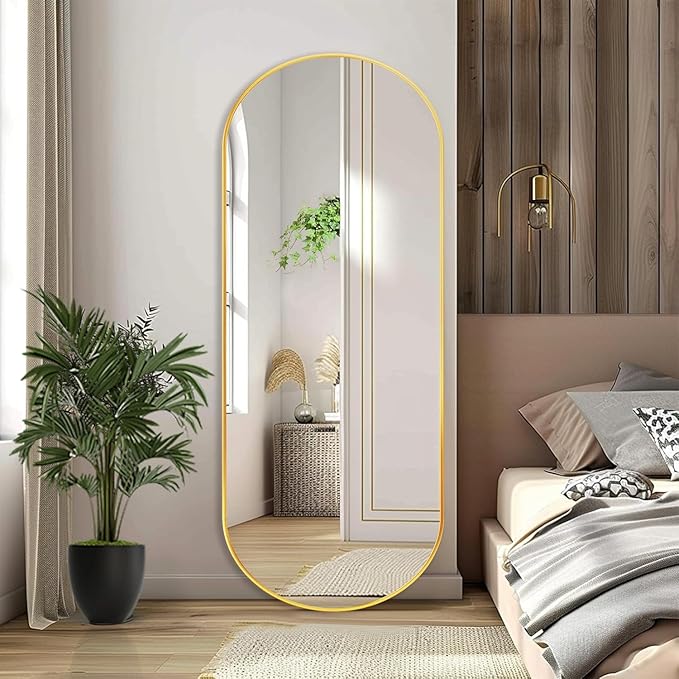 Arched Full Length Floor Mirror, Oval Full Floor Mirror, Large Wall Mounted Arched-Top Body for Living Room, Bedroom, Bathroom, Entryway, Dressing Room (Gold, 64 * 21)