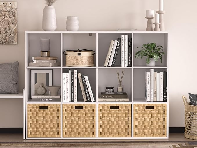 Wooden 12 Cube Storage Organizer with Closed Back Panel,White Cube Shelf Cubby Storage Organizer with Compartments for Living,Bookshelf, Easy to Install (White, 12-Cube-11in)