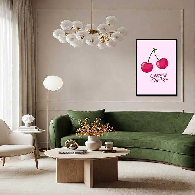 "Cherry On Top" Playful Cursive Font Canvas Wall Art Retro Inspired Style Posters Pink Aesthetic Prints Sweet And Cheerful Vibe Wall Decor For Living Room Bedroom Dorm Decor 8x12in Framed