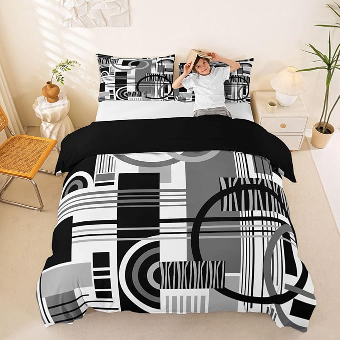 Erosebridal Art Deco Mid Century Duvet Cover Set Retro Modern Abstract Geometric Full Size Bedding Sets for Tween Boys Girls Black and White Grey Circles Stripes Comforter Cover Contemporary Bed Set