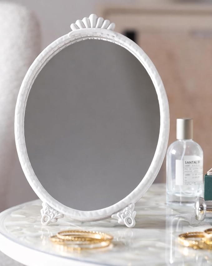 Gold Vintage Decor Vanity Mirror,Baroque Wall Art Retro Oval Mirror,Antique Wall Mirrors Decorative,Maximalist Decor Mirror for Desk Bedroom Bathroom Dresser Wall-Mounted,11.0" L x 7.9" W White