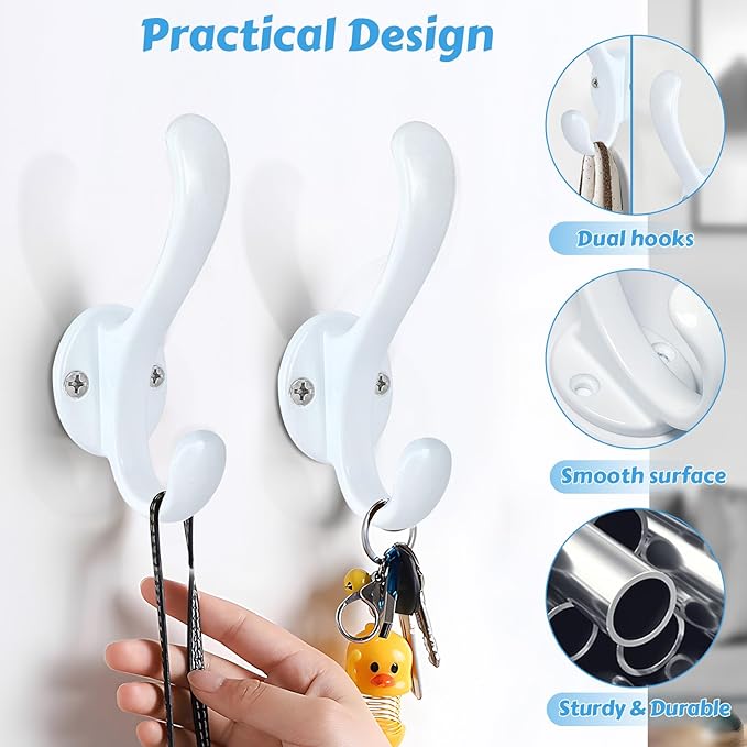 10 Pack Coat Hooks Wall Mount Heavy Duty Utility Retro Double Hooks for Hanging Coats,Hat, Towel, Key, Robe, Scarf, Bag, Cap (White)