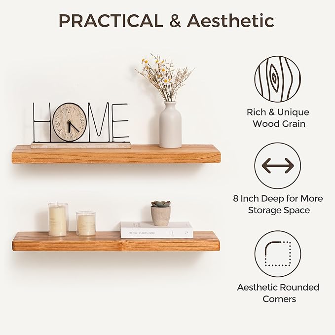 Fun Memories 24 Inch Floating Shelves, Rustic Solid Wood Wall Shelves Set of 2, 8 Inch Deep Floating Shelf for Bathroom, Bedroom, Heavy-Duty Wooden Shelf Wall-Mounted for Home Decor & Storage