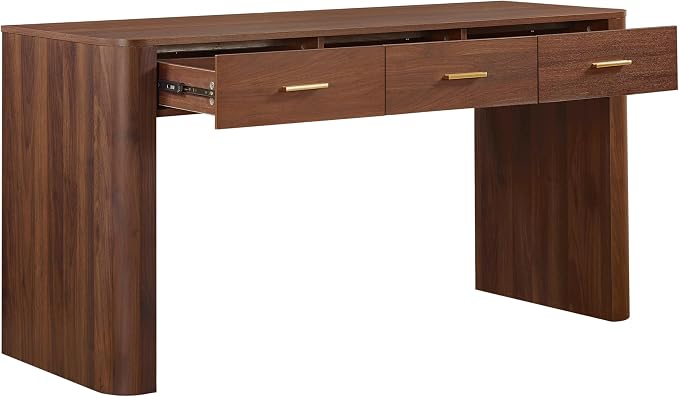 Merax Modern Minimalist Computer Desk with 3 Storage Drawers, 58.3" Wood Computer Desk with Rounded Edges & Reinforced Legs, Large Home Writing Desk for Bedroom, Dark Walnut