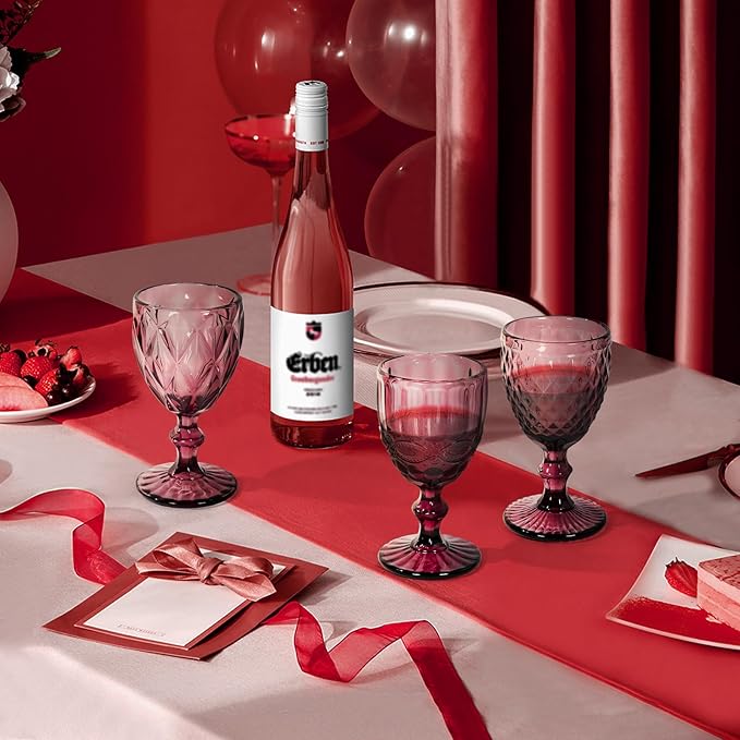 Vintage Wine Glasses Set of 6, 8 OZ Colored Glass Water Goblets, Embossed Floral Decorative Crystal Glass Cups Set, Dishwasher Safe, for Wedding, Party, Red Wine Glass, Bars, Restaurants