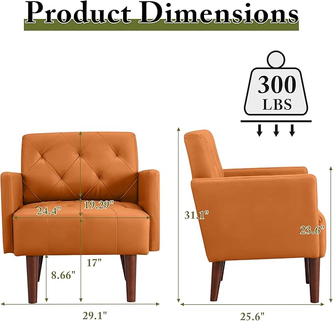 Faux Leather Accent Chair Modern PU Armchair, Retro Tufted Upholstered Arm Chair, Comfy Leather Club Chair Single Sofa for Living Room, Bedroom, Reading Room, Apartment (Orange)