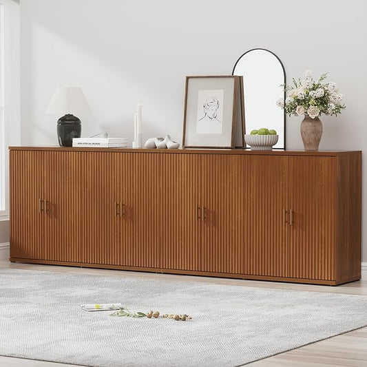 Yechen 94.6" Walnut Fluted Sideboard Buffet Cabinet with Storage and 8 Doors, Mordern Credenza Storage Cabinet with Adjustable Shelves, Media Console Table, for Living Room Dinning Kitchen(2 PCS)