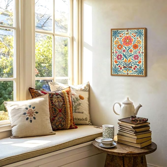 Framed Vintage Mexican Floral Canvas Wall Art, Colorful Folk Flower Wall Decor Pictures, Boho Botanical Painting Prints Rustic Home Decor for Living Room Bedroom 12x16 inch