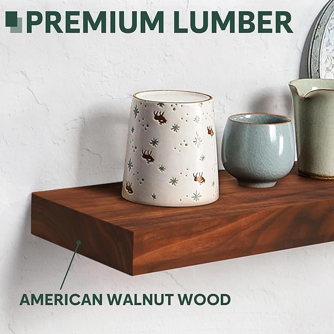 Walnut Wood Floating Shelves,Thicker and Wider Sturdy Wood Shelf for Wall Mount,Great for Bathroom,Bedroom,Kitchen and Living Room Decor,24 x 6 x 1.5 inch, Set of 2 (Walnut, 24")