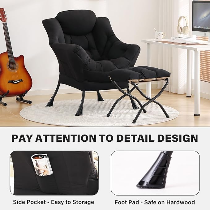 Tiita Lazy Chair with Ottoman, Black Modern Large Accent Chair, Comfy Leisure Sofa Armchair with Ottoman, Reading Chair with Footrest for Bedroom, Living Room, Dorm Rooms, Black