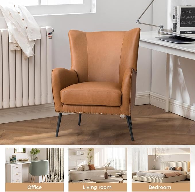 HULALA HOME Faux Leather Accent Chair Set of 2 with Removable Cushion, Comfy Upholstered Armchair with Metal Legs & Nailhead Trim Wingback Vanity Chair for Reading Living Room Bedroom, Camel