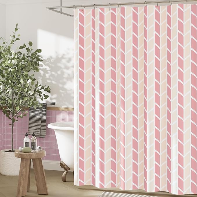 jinchan Pink and White Geometric Shower Curtain Chevron Arrow Farmhouse Shower Curtains for Bathroom Modern Waterproof Fabric with 12 Hooks 70x72 Inches