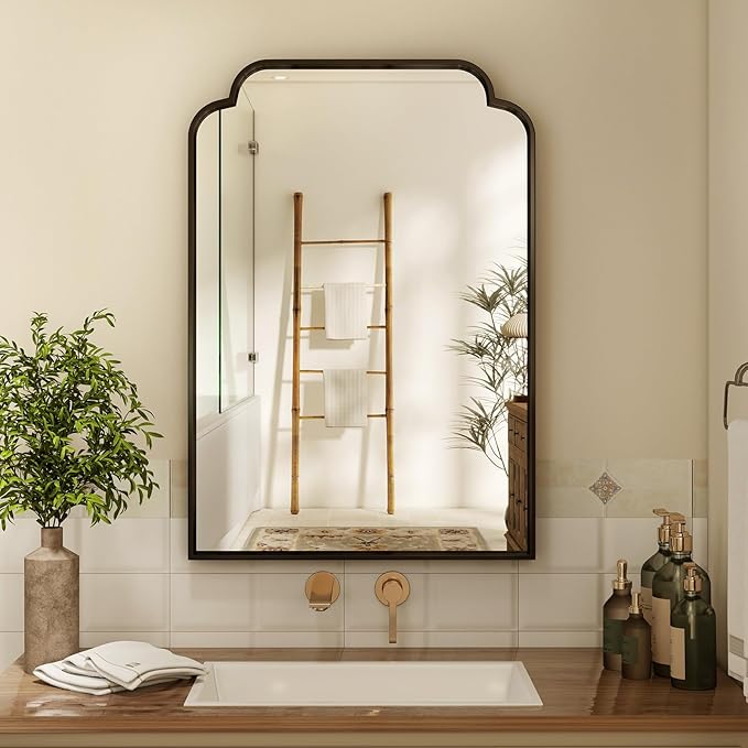 20X30 Inch Black Bathroom Mirror for Wall, Modern Rounded Corner Rectangle Mirror with Non-Rusting Iron Metal Framed Bathroom Vanity Mirror for Over Sink Wall Decor
