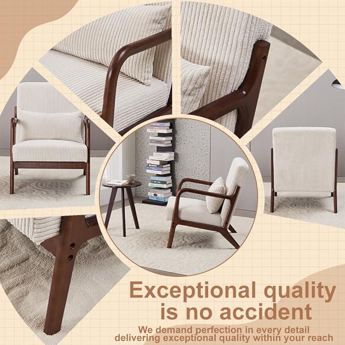 Accent Chairs with Side Table, Mid Century Modern Chair with Pillow, Arm Chair with Solid Wood, Reading Relaxing Leisure Chair for Living Room, Bed Room, Waiting Room, White