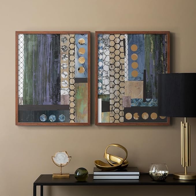 Renditions Gallery Set of 2 Peel & Stick Framed Prints, Geometric Abstract Wall Art, Hexagonal and Circular Pattern Wall Decor, Re-Stickable - Ready to Hang - 8"x10" - Walnut Frame LT588