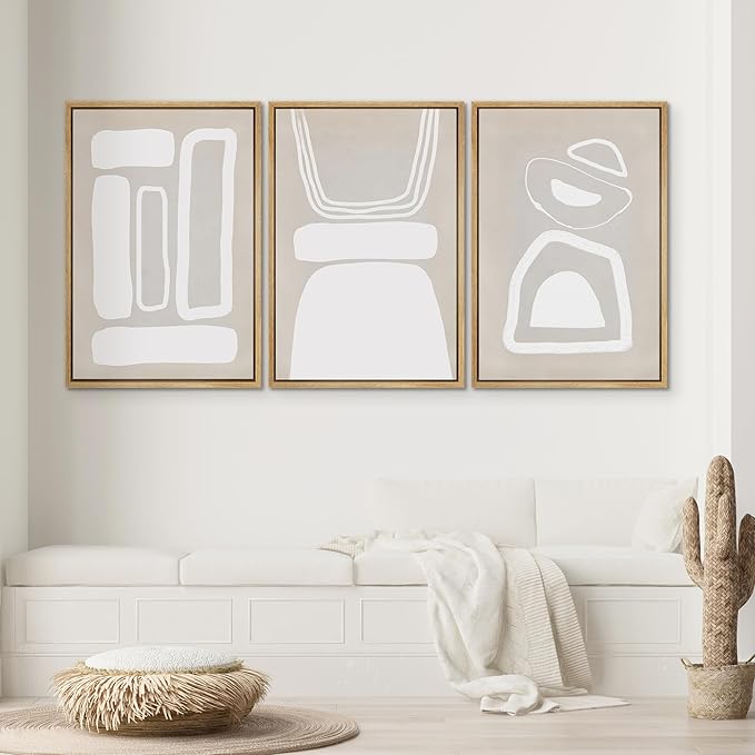 SIGNWIN Framed Canvas Print Wall Art Set Mid-Century Boho Geometric Polygons Abstract Shapes Cozy Neutral Decorative Contemporary Minimal for Living Room, Bedroom, Office - 16"x24"x3 Natural
