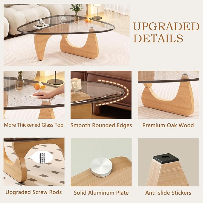 Coffee Table for Living Room Mid Century Modern Center Small Table with Glass Top and Wood, Original Transparent
