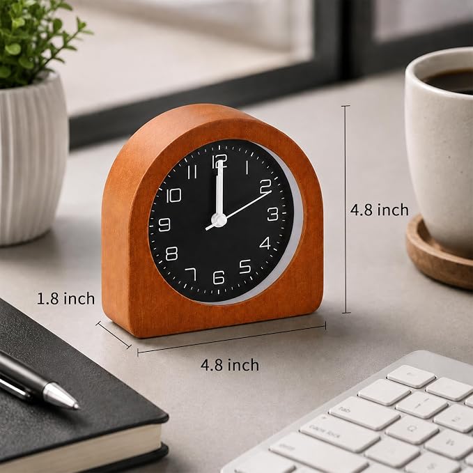 Analog Alarm Clock 5" Silent Non-Ticking Small Solid Wood Desk Clocks Battery Operated Simple Style Retro Table Clock for Office/Bedroom/Kitchen/School/Bedside/Shelf (Dark Wood, Arch)