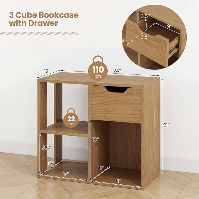 LOKO 3-Cube Bookshelf with Drawer Set of 2, 2-Tier Open Shelf Bookcase, Freestanding Display Shelf, Modern Home Storage Organizer, Shelving Unit for Living Room, Study, Office (1, Natural)