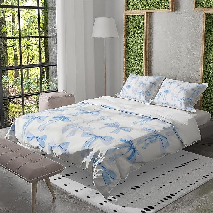 Trendy Blue Bow Duvet Cover Twin Size Dreamy Princess Style Bedding Set Bowknot Bed Cover,Kids Girls Super Soft Bedding Set for Teens Funky Preppy Coquette Girly Room Bed Decor 68"x88"