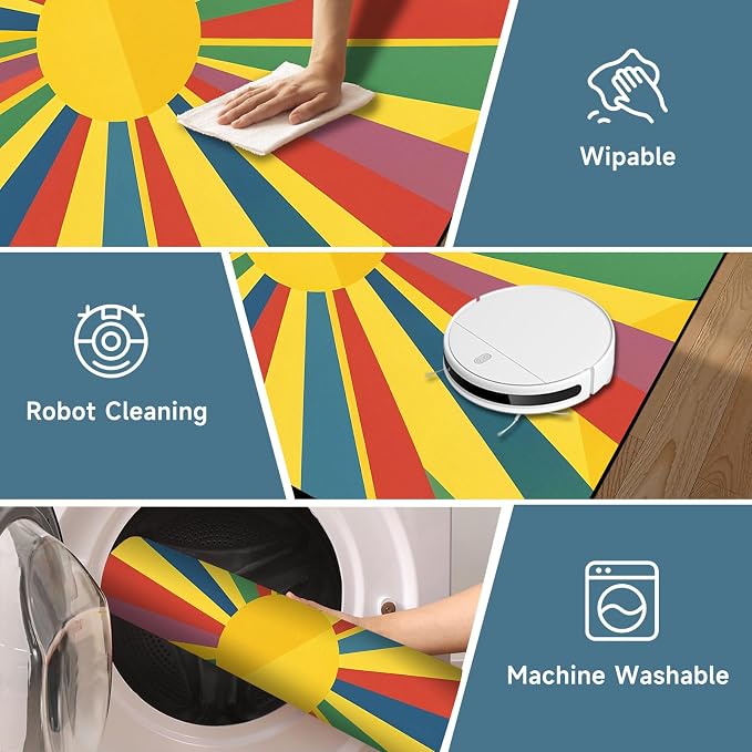 Rainbow Sunburst Area Rug Colorful Geometric Sun Carpet Soft Non-Slip Washable Floor Mat for Bedroom Living Room Nursery Playroom Classroom Home Decor,4'x6'