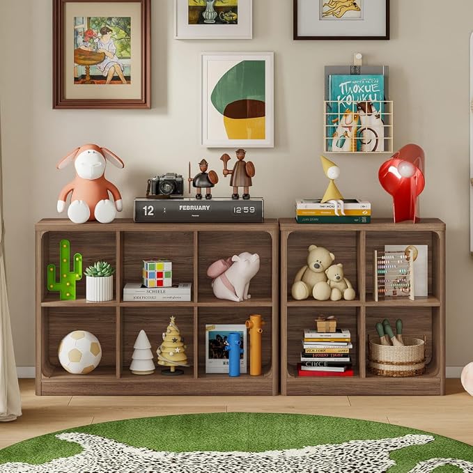 FATORRI 6 Cube Storage Bookcase, Rustic Wood Horizontal Bookshelf with Rounded Corners, Low Cube Organizer Shelf for Living Room, Bedroom, Office (Walnut, 43 Inch)