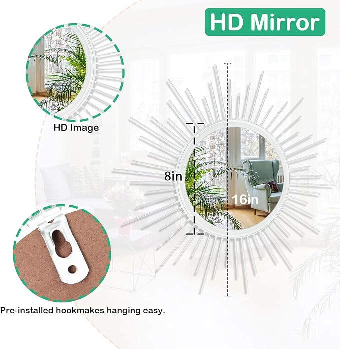 Sunburst Wall Mirror Spoked Home Circle Wall Art Mirror Classic Metal Modern Hanging Mirror, Decor Living Room Bathroom Bedroom Entryway Vanity Office Hallway Housewarming Large 16" White