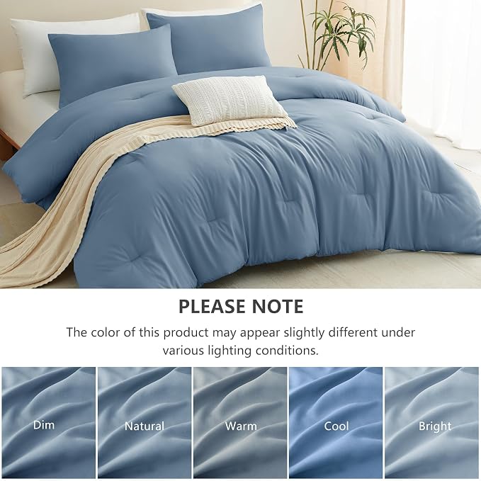 CozyLux Oversized King Comforter Set Grayish Blue, 3 Pieces 120"x98" Lightweight Down Alternative Quilted Bedding Sets, Dusty Blue All Season Solid Comforter with 2 Pillowcases, Bed Set Gift for Home