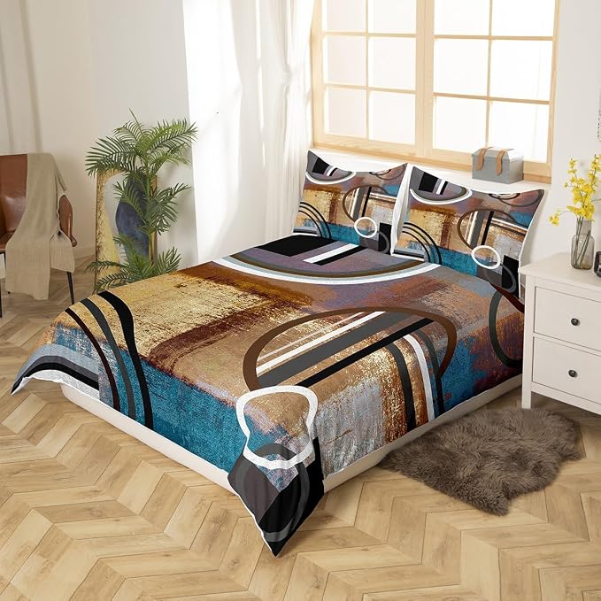 Retro Geometric Duvet Cover Full,Vintage Grunge Style Comforter Cover,Brown Black Blue Grey Bedding Set,Abstract Oil Painting Style Quilt Cover,Swirls Stripes Bed Cover with 2 Pillow Cases