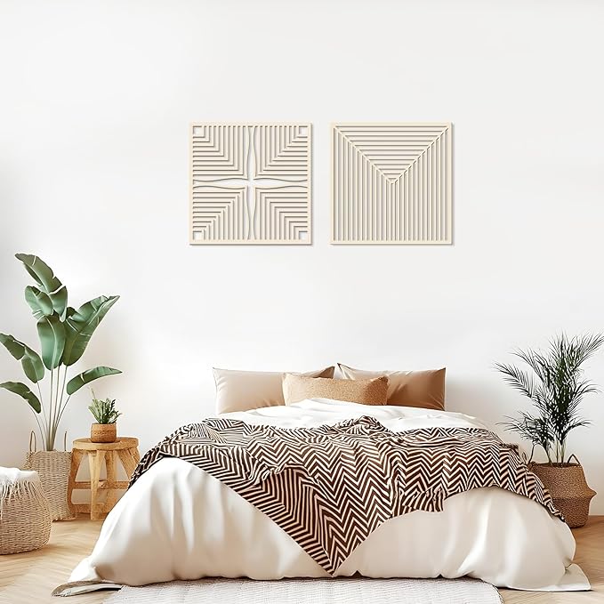 Homenthus 2 Pcs Abstract Wood Wall Art, Mid Century Modern Geometric Wood Wall Decor Minimalist Wooden Wall Art Decor Panels for Boho Living Room Bedroom Kitchen Dining Room Office Home Wall Decor