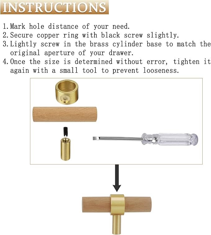 Wood and Brass Dresser Handles Single Hole 4Set Euro Scandi-Modern Kitchen Cabinet Pull Unfinished Wood and Metal Drawer Knob