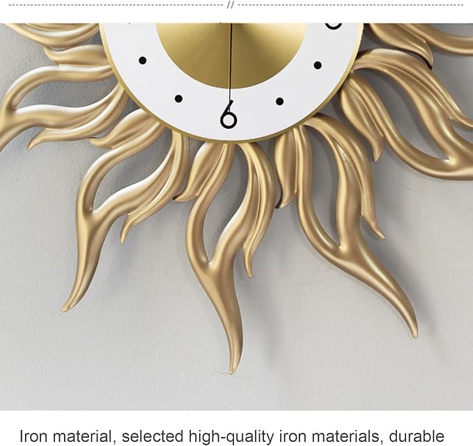 Large Sunburst Wall Clocks for Living Room Fashion Metal 3D Art Flame Design Silent Non Ticking Quartz Clock Creativity Wall Watches Gold 60CM