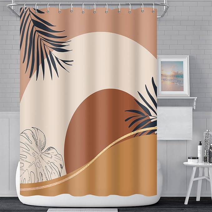 Abstract Mid Century Boho Bathroom Shower Curtain - Orange Sun Eucalyptus Leaves With Hooks, Waterproof Fabric Polyester for Aesthetics Home Decor, 72x96 Inch