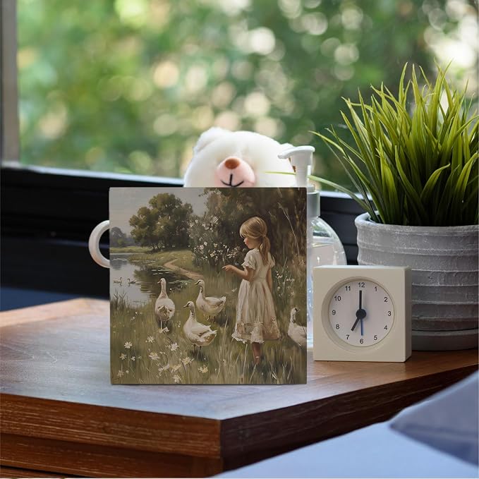 Vintage Rustic Girl and Goose Wooden Box Sign Desk Decor, Moody Countryside Cottagecore Wildflower Goose Wood Signs for Home Office Desk Table Shelf Decorations, 5x5 Inch