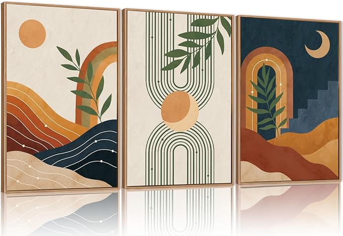 FWIEXA Vintage Boho Nature Framed Canvas Wall Art Set of 3, Minimalist Geometric Sun Moon Line Wall Prints, Abstract Green Leaf Painting, 24x36In Modern Beige Navy Blue Artwork for Living Room,Bedroom