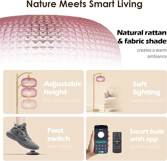 Glass Floor Lamp for Living Room, Modern Tall Standing Lamp with Pink Glass Lamp Shade, Dimmable Gold Tall Floor Lamp for Bedroom Office with Remote Control, 1 x 12W LED Bulbs Included
