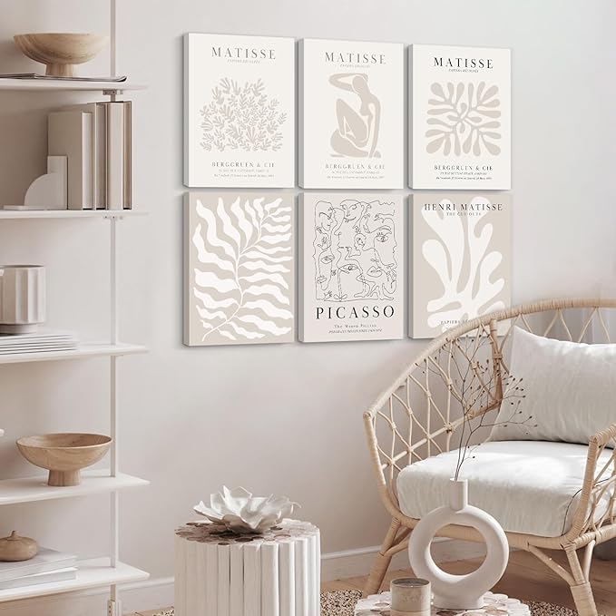Henri Matisse Wall Art Prints Flower Abstract Canvas Pictures Aesthetic Beige Wall Art Decor Matisse Picasso Poster Gallery Vintage Painting Artwork for Bedroom 8x10 Inch Set of 6 Ready to Hang