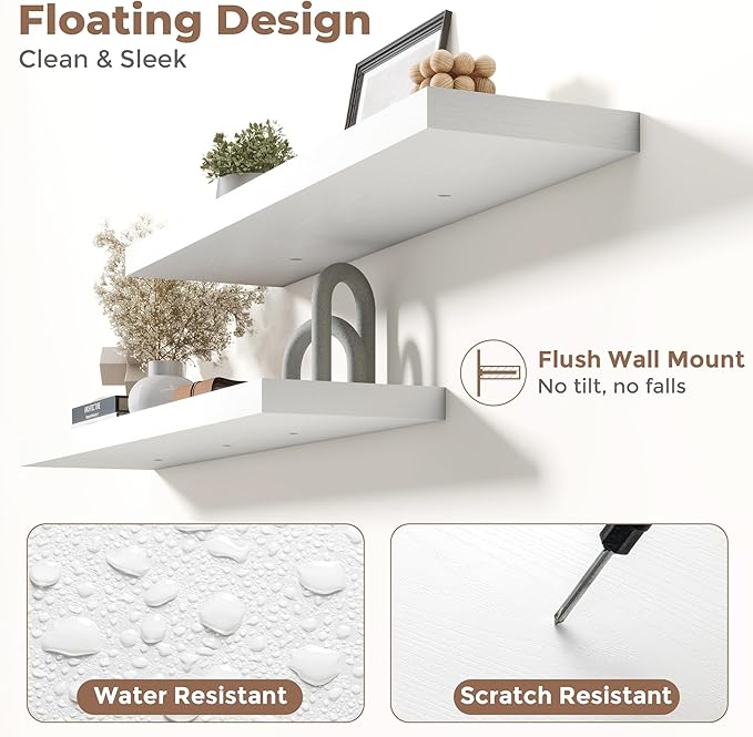 Floating Shelves for Wall with Invisible Brackets, Wall Mounted Engineered Wood Shelves with Wood Grain for Living Room, Bedroom, Bathroom, Kitchen Decor and Storage, Oak, 24"L Set of 2, White