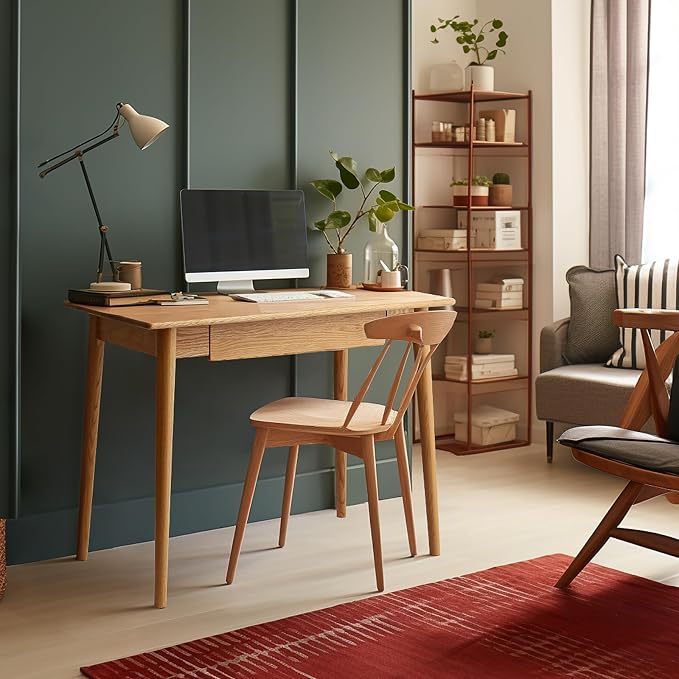 100% Solid Oak Wood Home Office Desk, Writing Computer Desk with Drawer Mid Century Modern Desk for Home Office Sturdy Writing 31.49" W