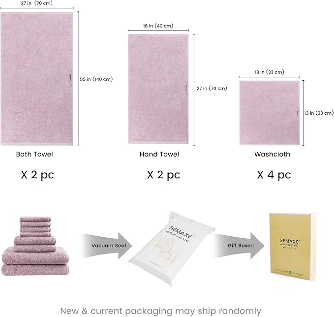 SEMAXE Bath Towel Set, 100% Cotton Absorbent Bathroom Towels with Hanging Loops and Nano-Bio Lifecycle Labels, 8 Piece Towel Set Include 2 Bath Towels, 2 Hand Towels, 4 Washcloths, Purple