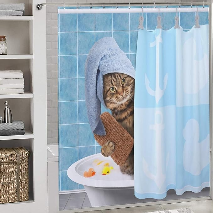 Cat Shower Curtain Funny Cat Taking Pattern Duty Fabric Shower Curtains Set Bathroom Polyester Waterproof with 12 Hooks,72x72Inch（183x183cm）