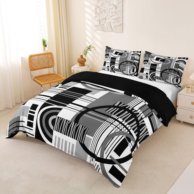 Art Deco Mid Century Duvet Cover Set Retro Modern Abstract Geometric Girl Toddler Bedding Set for Tween Boys Girls Black and White Grey Circles Stripes Comforter Cover Contemporary Bed Sets