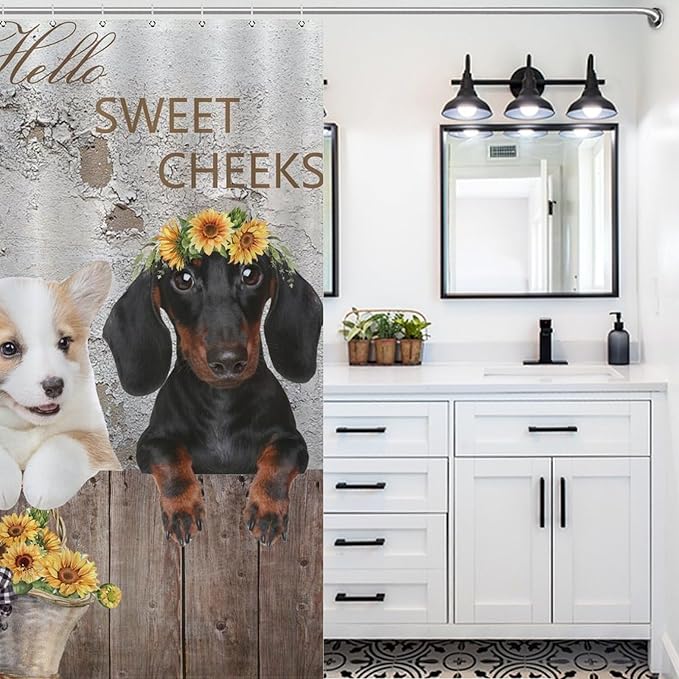 Dog Pattern Shower Curtain Farmhouse Country Rustic Wooden Farm Sunflower Animal Pattern Duty Fabric Shower Curtains Set Bathroom Polyester Waterproof with 12 Hooks,72x72Inch（183x183cm）
